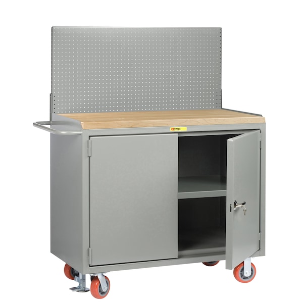 Mobile Bench Cabinets, 36"W, Center Shelf, Butcher Block, Pegboard
